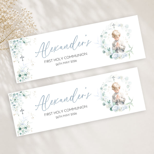 Personalised First Holy Communion Banner | Custom Communion Party Banner | Christening Decoration | Boys Communion Banner