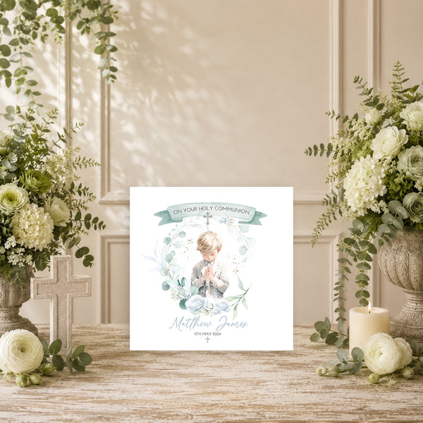 Personalised Holy Communion Card | Praying Boy Communion Card | Custom Name & Date | Religious Keepsake Card