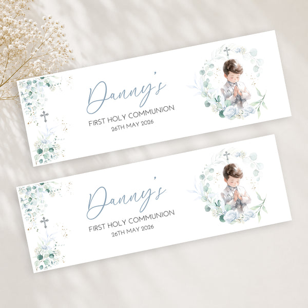 Personalised First Holy Communion Banner | Custom Communion Party Banner | Christening Decoration | Boys Communion Banner