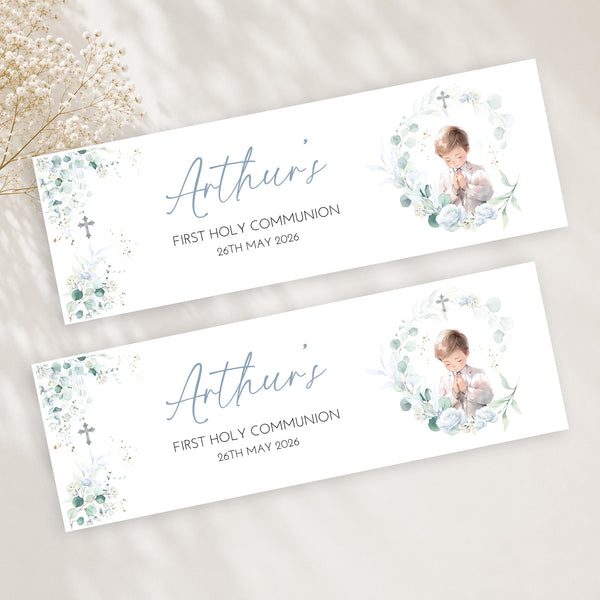 Personalised First Holy Communion Banner | Custom Communion Party Banner | Christening Decoration | Boys Communion Banner