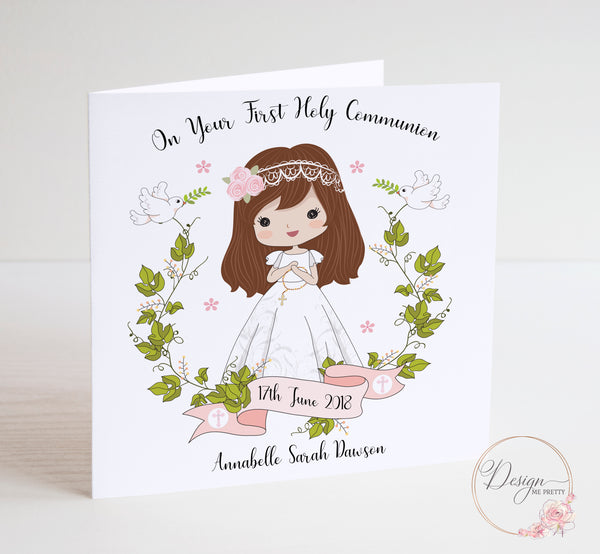 Girls First Holy Communion Card - Brunette Girl
