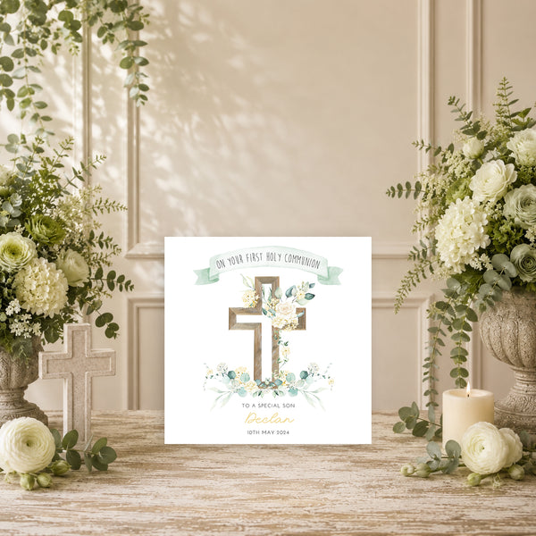 Personalised First Holy Communion Card | Unisex Communion Card | Custom Name & Date Card | Religious Keepsake Card