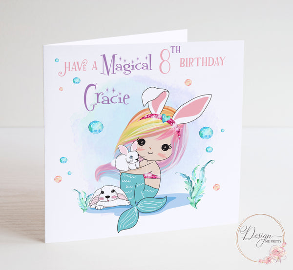 Mermaid and Bunny Rabbit Girls Birthday Card
