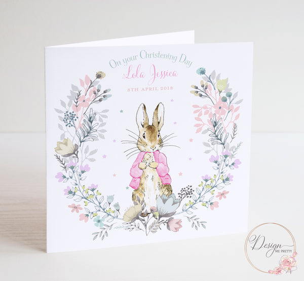 Peter Rabbit Girls Christening Card - Flopsy